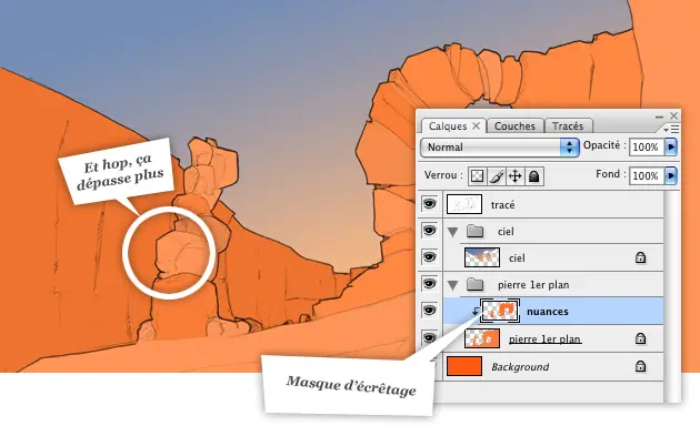 Résultat du masque d'écrêtage sur les nuances d'orange