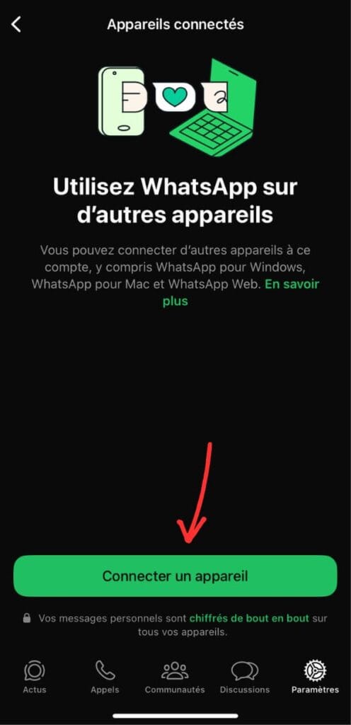 Connexion d'un appareils sur whatsApp web