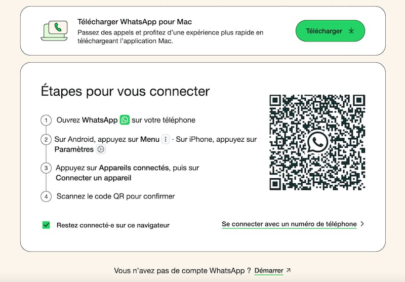 Page d'accueil de connexion de whatsApp web